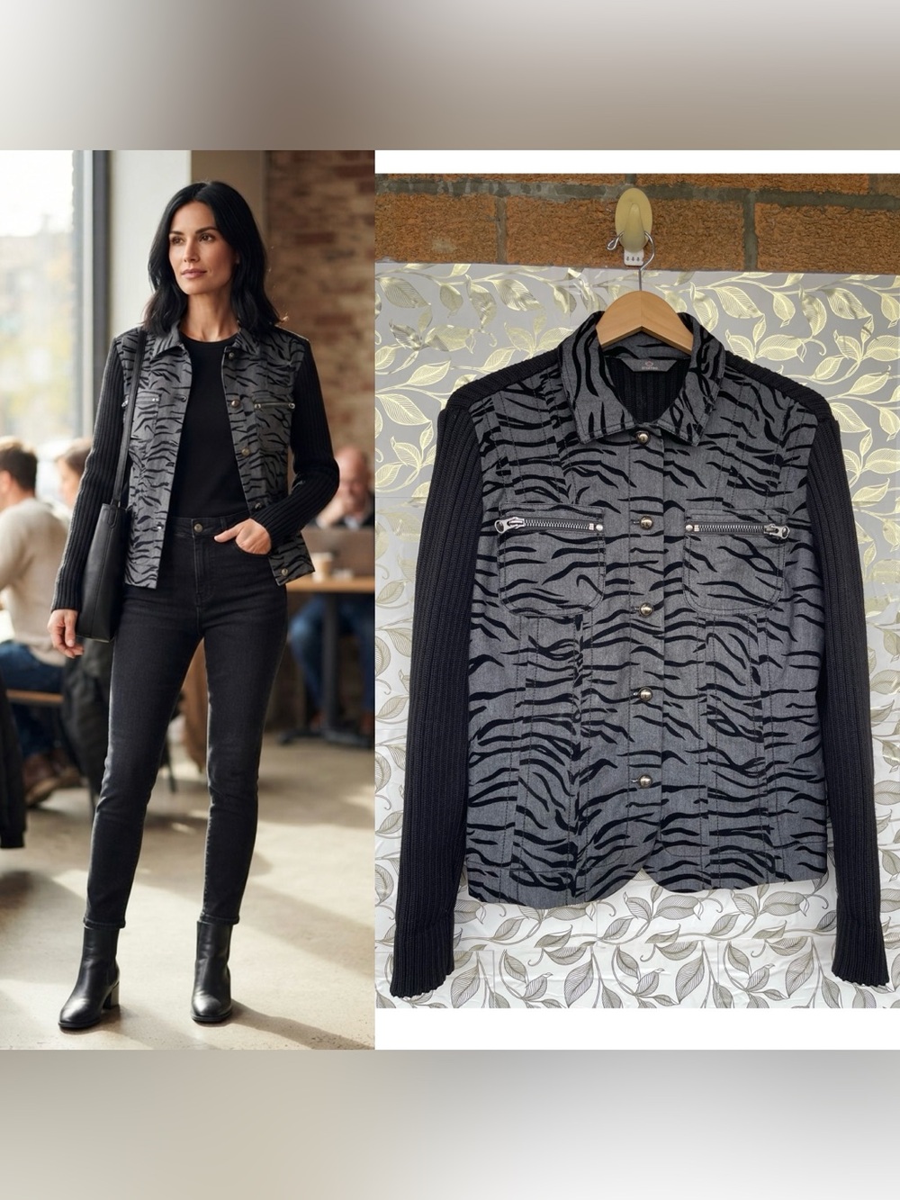 Dismero Hybrid Knit Sleeve Zebra Print Button Up Jacket Size 10 Whimsigoth